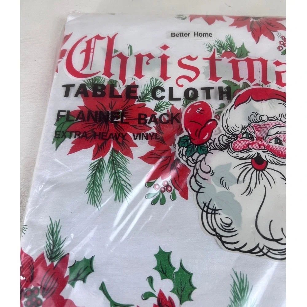 Vtg Better Home Christmas Tablecloth‎ Santa Poinsettia Flannel Back 52